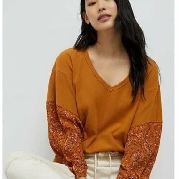 ANTHROPOLOGIE Annette Floral Print Sleeve Waffle Knit Top Size XS - Picture 1 of 12